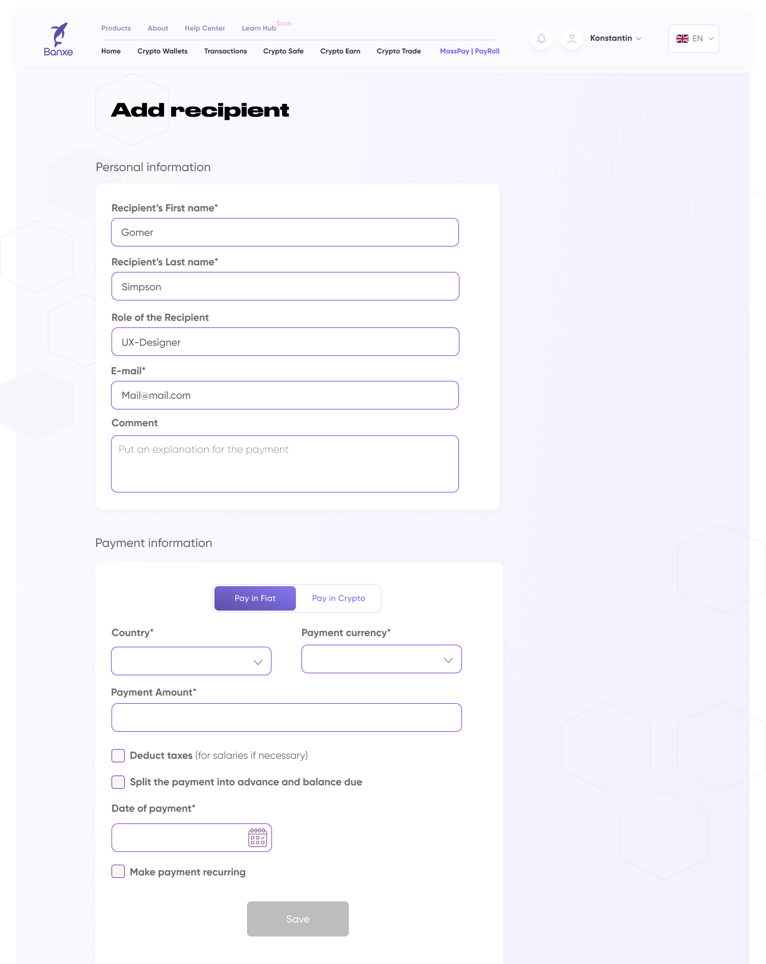Add recipient screen for fiat payments